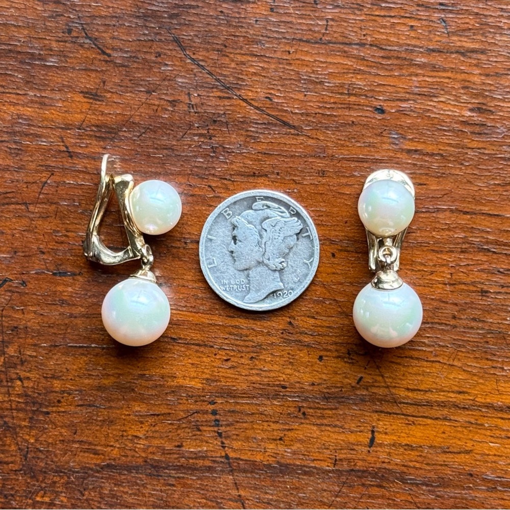Majorica Pearl & Yellow Gold over Sterling Silver Dangle Drop Clip On Earrings - Picture 11 of 15